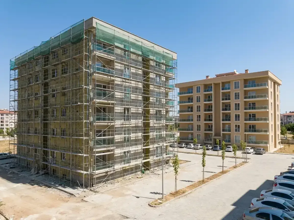 Biri iskeleyle kaplı, diğeri bitmiş iki apartman bloğu ve aralarındaki avlu