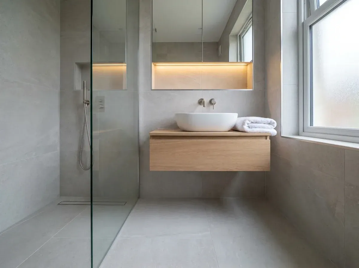 Yeni bitmiş banyoda cam duşakabin, meşe dolap üstü lavabo ve ışıklı ayna nişi