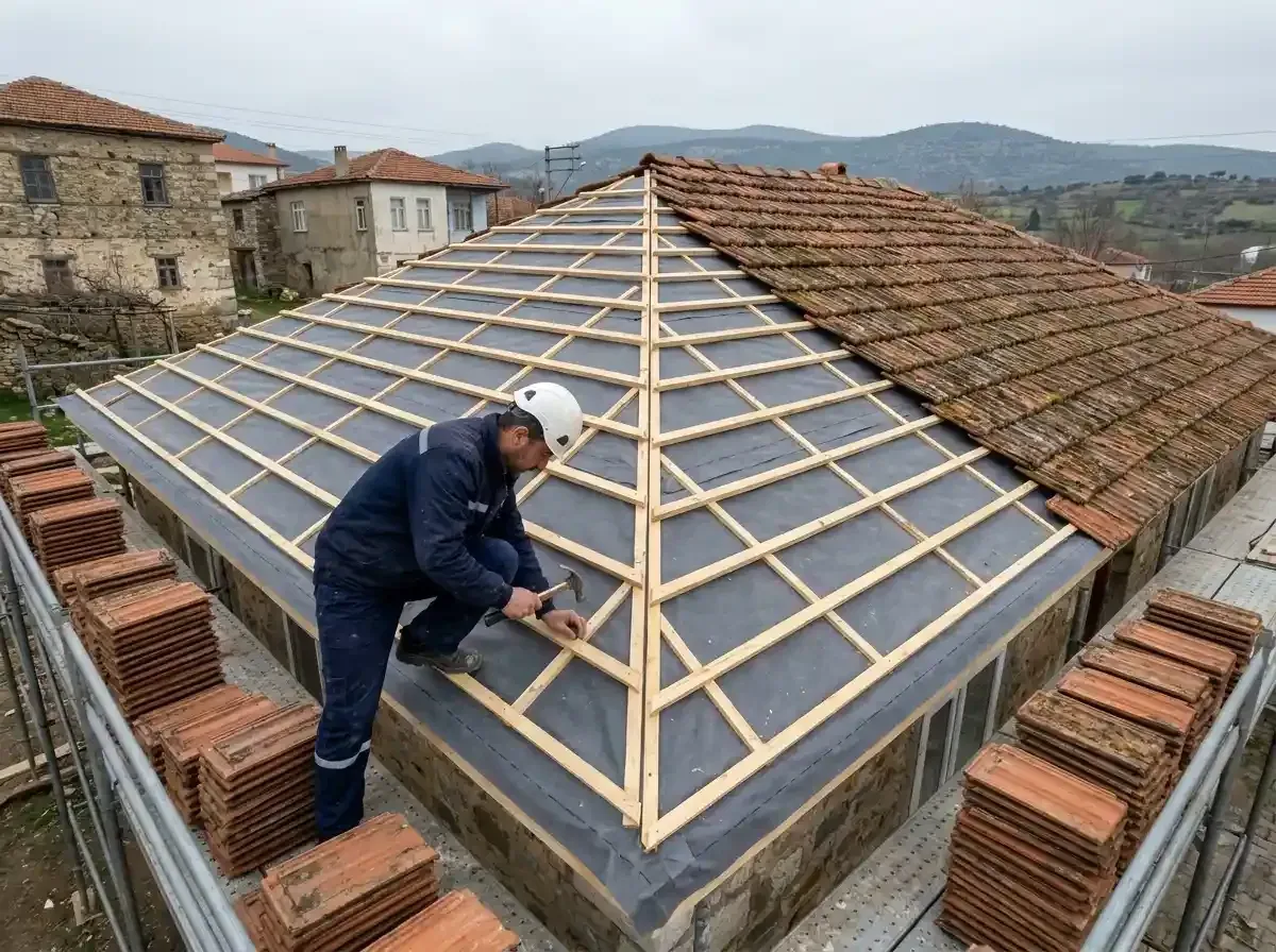 Kiremitleri sökülüp yan tarafa istiflenmiş, altındaki ahşap kadron ve örtü açığa çıkmış çatı
