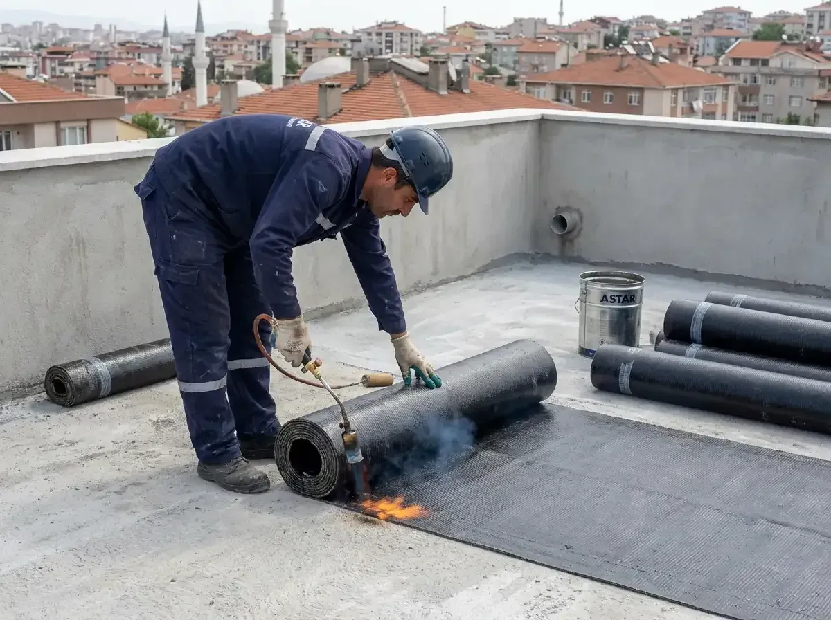 Düz beton terasta membran rulosunu şaloma ile yapıştıran işçi