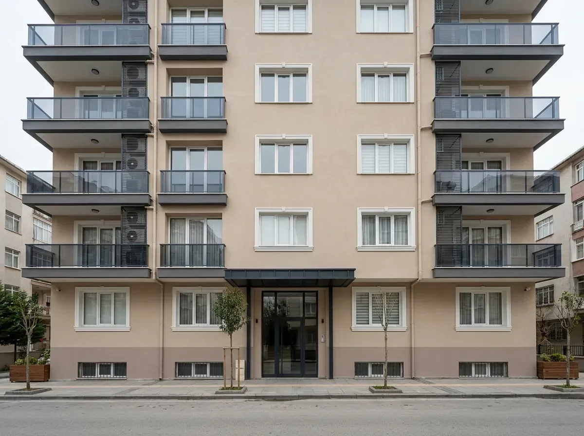 Aynı apartmanın yenilenmiş cephesi: düzgün sıva, açık bej boya, yeni cam korkuluklar