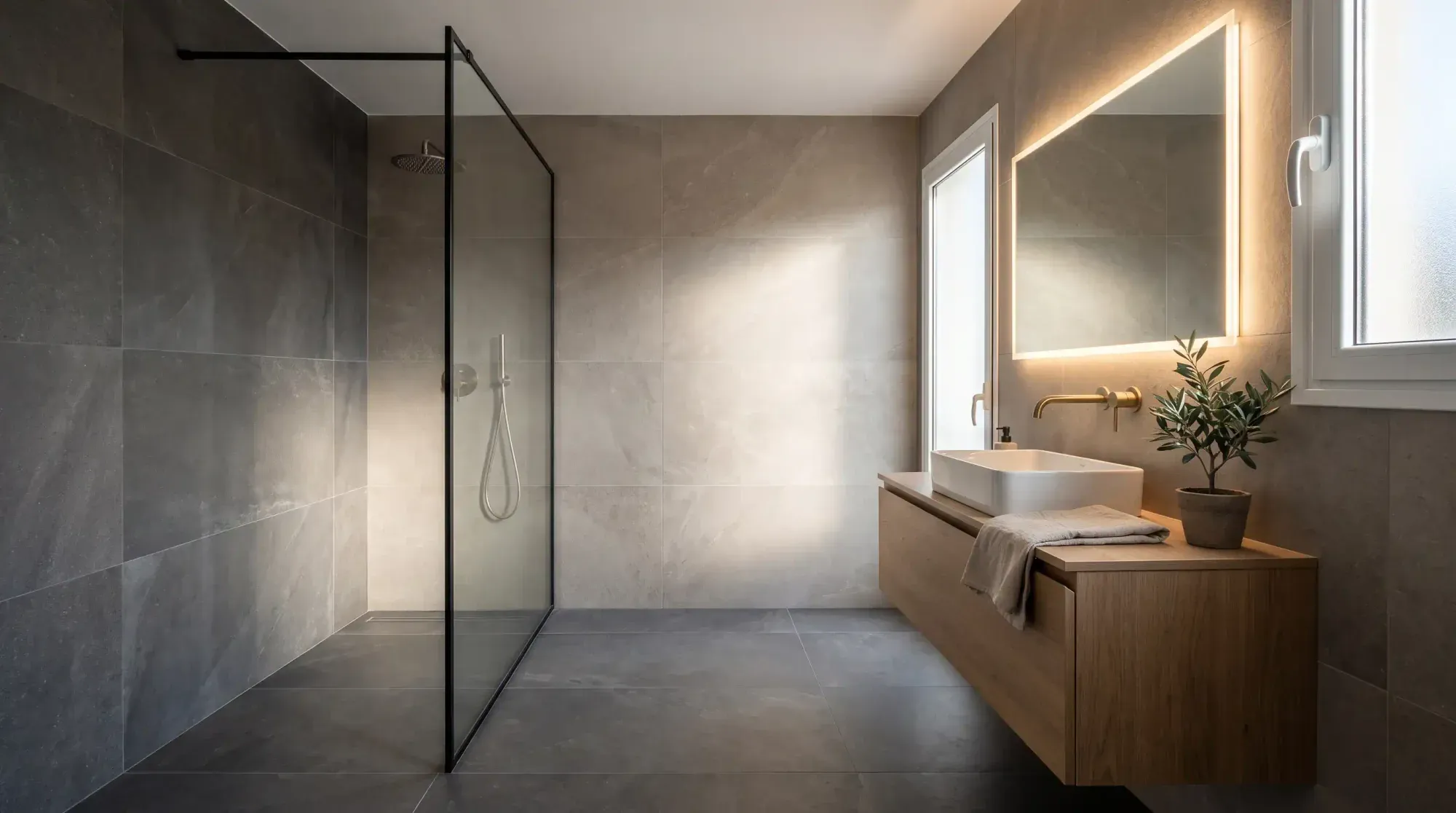 Yenilenmiş modern banyoda camlı duş bölümü, gri taş görünümlü büyük seramikler ve meşe dolaplı lavabo