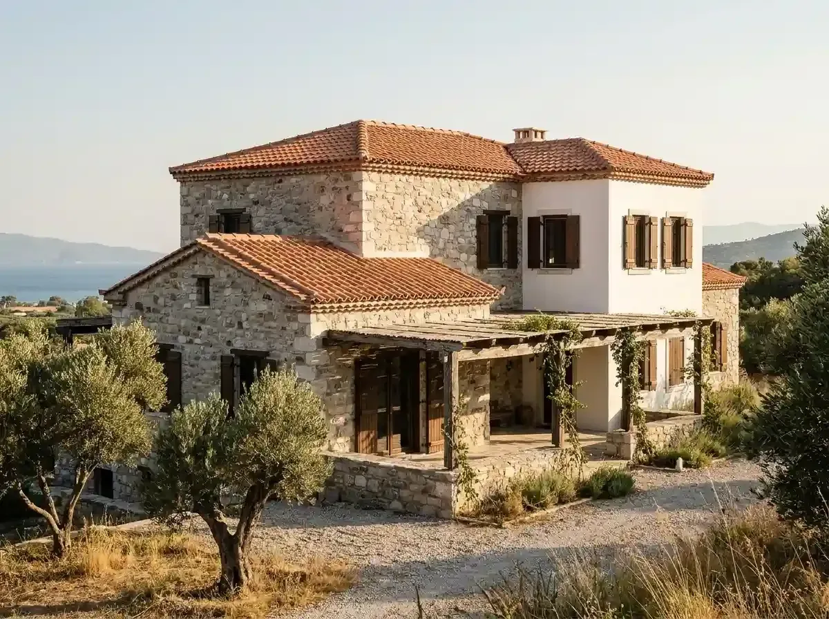 Taş ve beyaz sıvalı iki katlı villa, yeni kiremitli çatı ve ahşap pergolalı taş teras